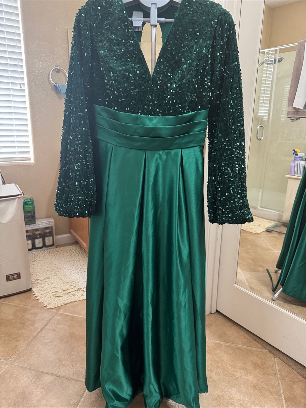 Emerald Green Sequin & Satin Evening Gown